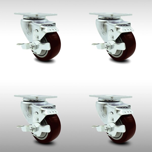 3.5 Inch SS Maroon Polyurethane Swivel Top Plate Caster Set with Brake SCC